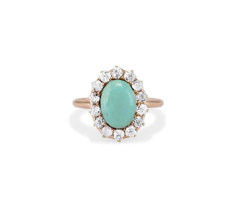 Victorian 1.60 Carat Oval-Shaped Turquoise and Diamond Cluster Ring