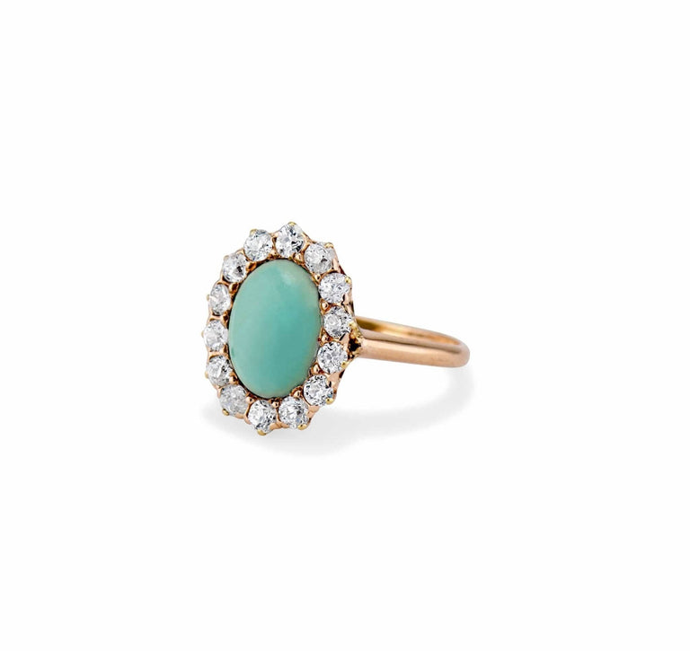 Victorian 1.60 Carat Oval-Shaped Turquoise and Diamond Cluster Ring