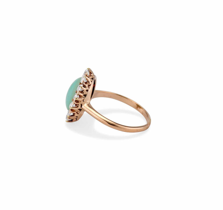 Victorian 1.60 Carat Oval-Shaped Turquoise and Diamond Cluster Ring