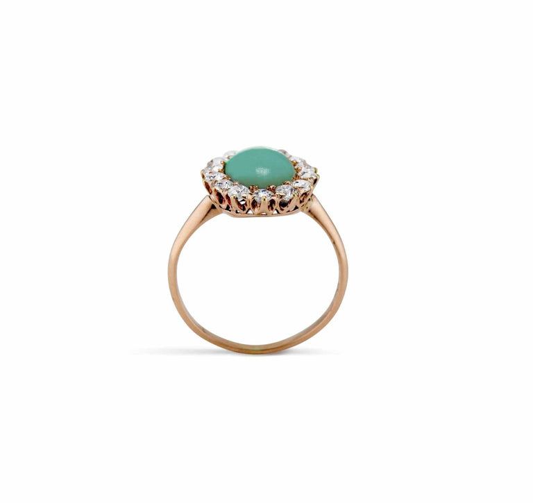 Victorian 1.60 Carat Oval-Shaped Turquoise and Diamond Cluster Ring