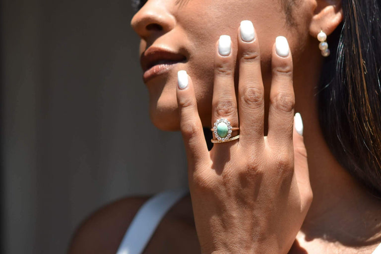Victorian 1.60 Carat Oval-Shaped Turquoise and Diamond Cluster Ring