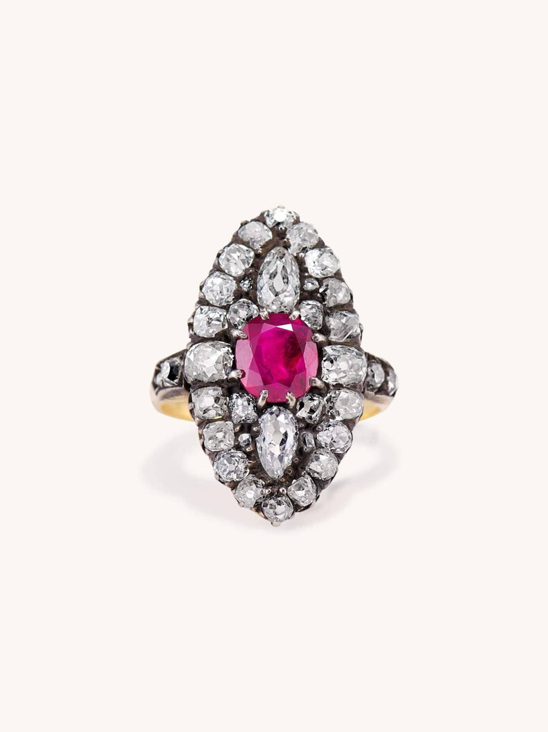 Victorian 1.67 Carat Cushion Cut Ruby & Old Mine Cut Diamond Dinner Ring