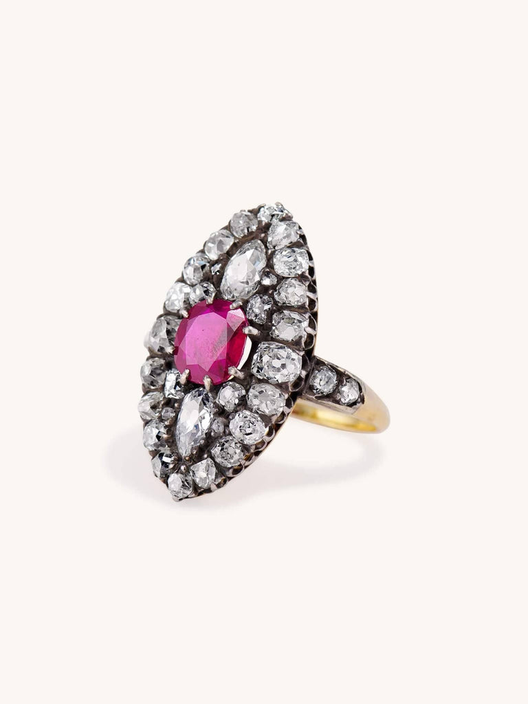 Victorian 1.67 Carat Cushion Cut Ruby & Old Mine Cut Diamond Dinner Ring