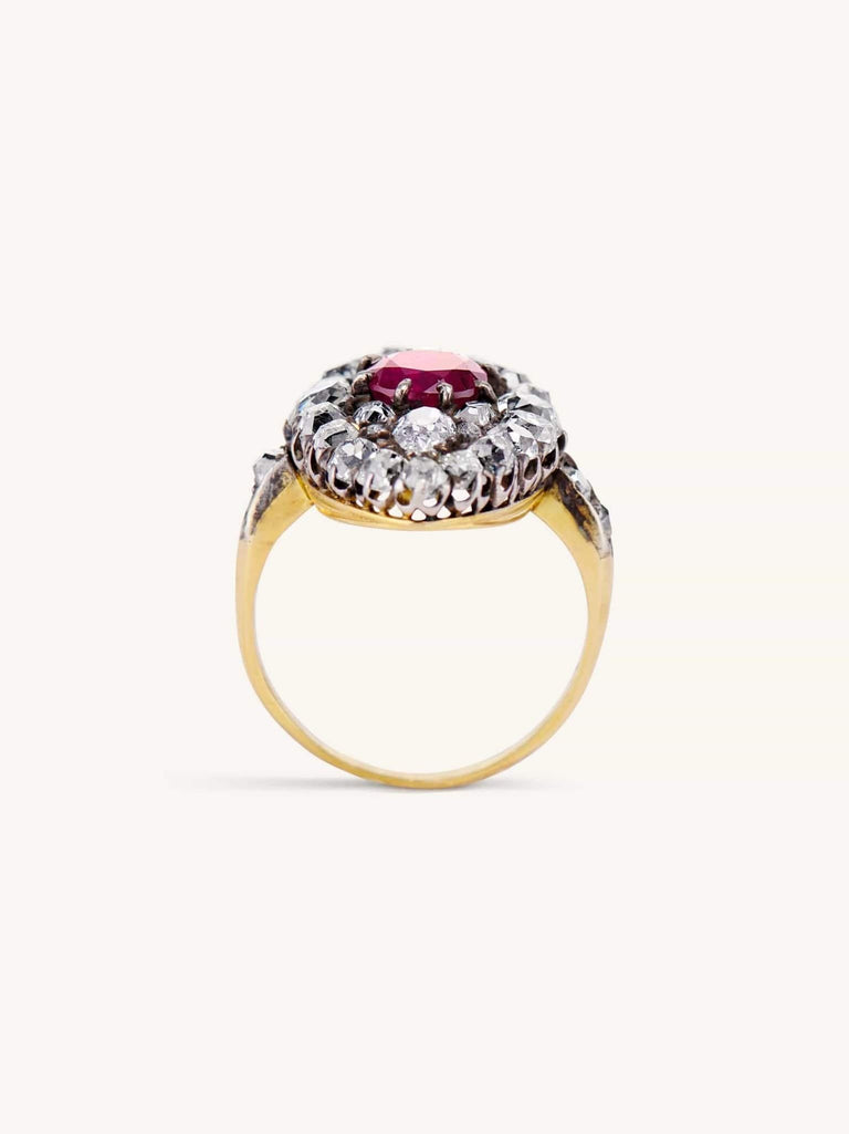 Victorian 1.67 Carat Cushion Cut Ruby & Old Mine Cut Diamond Dinner Ring