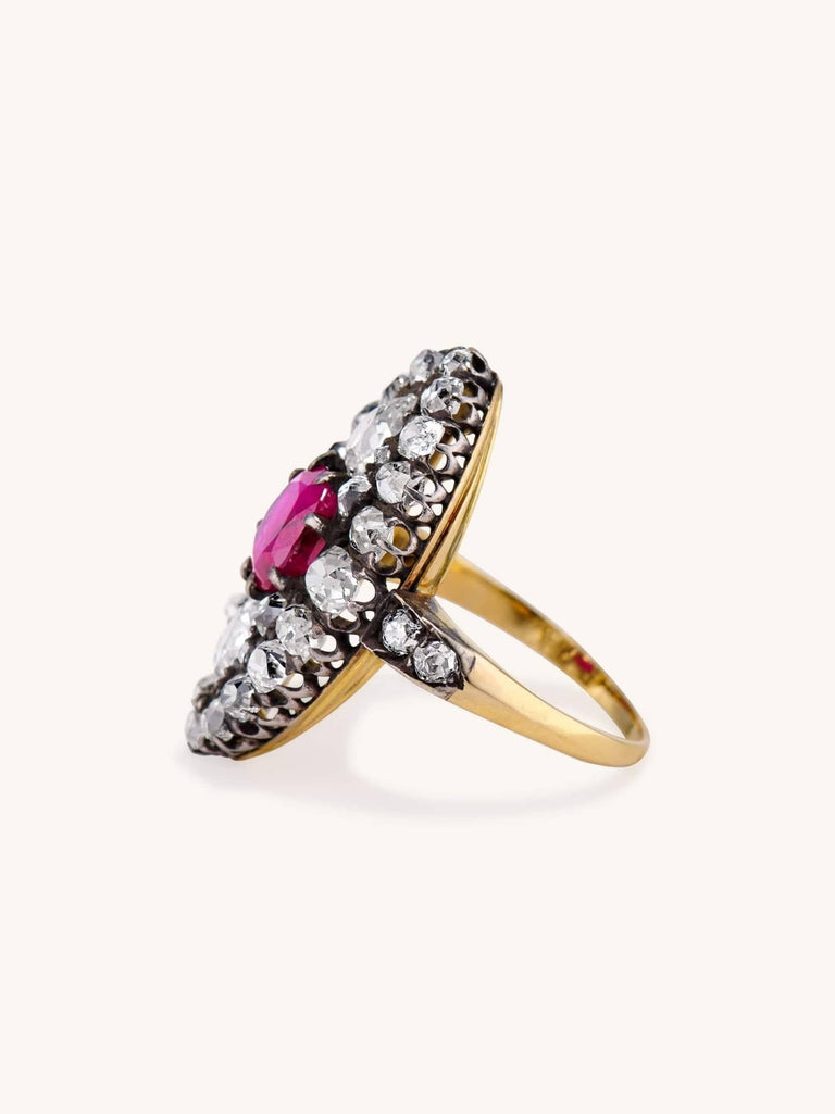 Victorian 1.67 Carat Cushion Cut Ruby & Old Mine Cut Diamond Dinner Ring