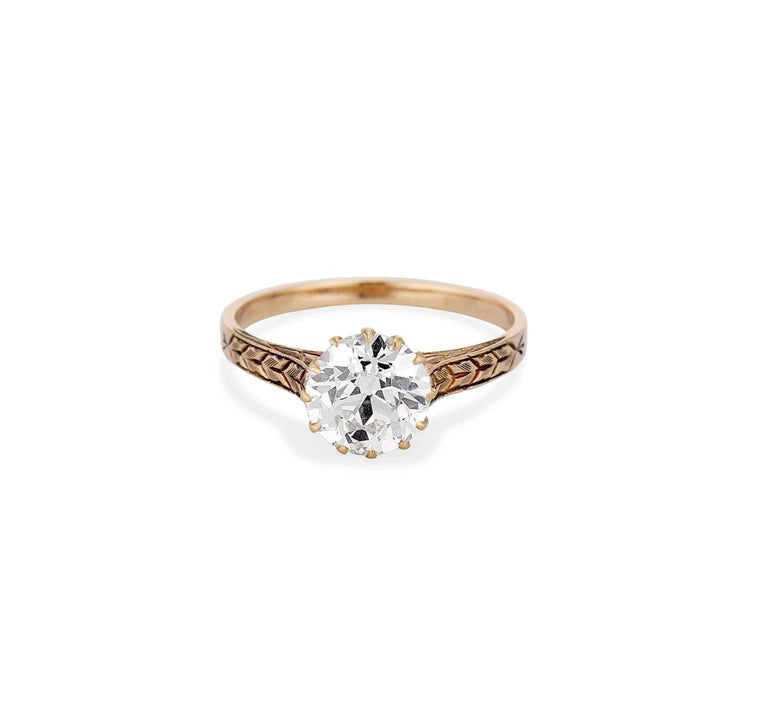 Victorian 1.69 Carat Old European Diamond Yellow Gold Engraved Ring