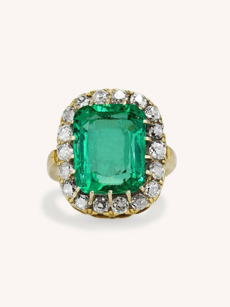 Victorian 10.22 Carat Cushion Cut Emerald & Diamond Cluster