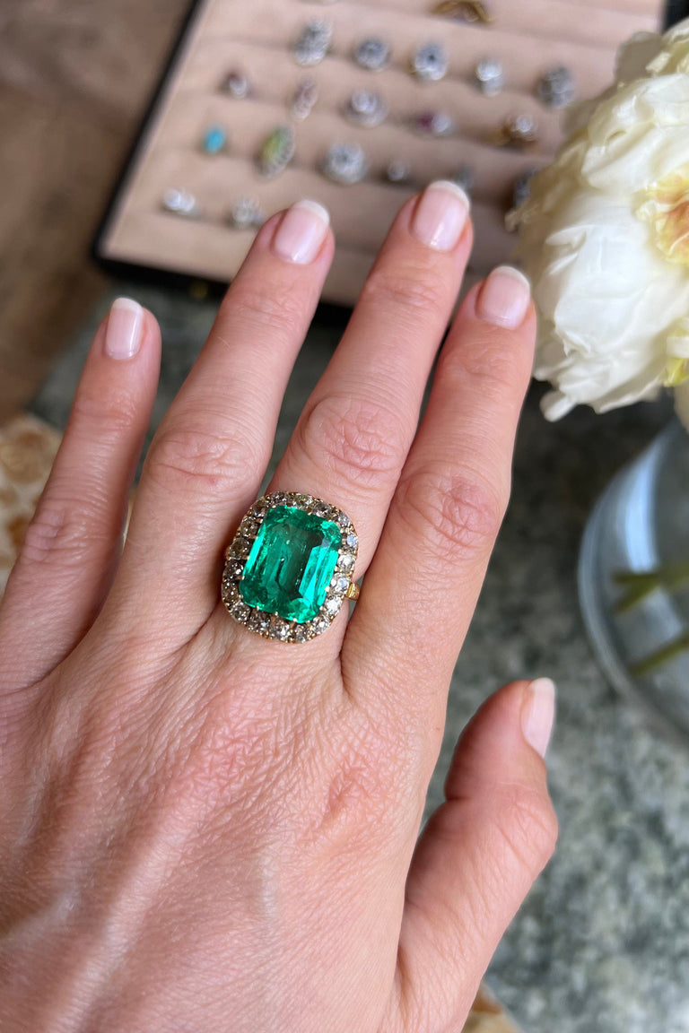 Victorian 10.22 Carat Cushion Cut Emerald & Diamond Cluster