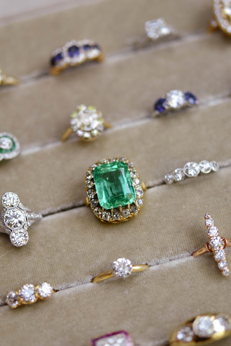 Victorian 10.22 Carat Cushion Cut Emerald & Diamond Cluster