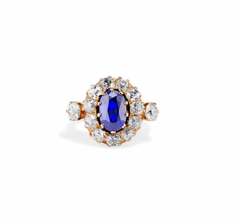 Victorian 2.00 Carat Oval Unheated Sapphire and Diamond Cluster