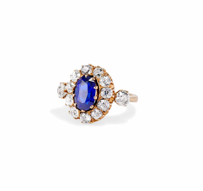 Victorian 2.00 Carat Oval Unheated Sapphire and Diamond Cluster