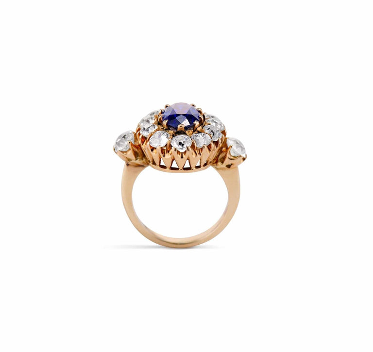 Victorian 2.00 Carat Oval Unheated Sapphire and Diamond Cluster