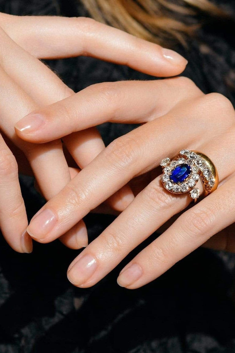 Victorian 2.00 Carat Oval Unheated Sapphire and Diamond Cluster
