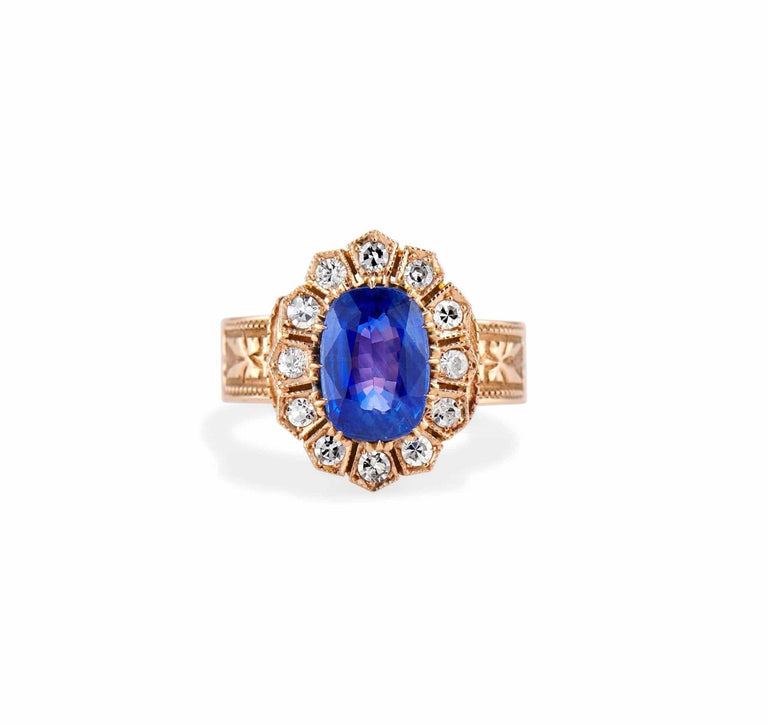 Victorian 2.12 Carat Cushion Untreated Burmese Sapphire and Diamond Engagement Ring