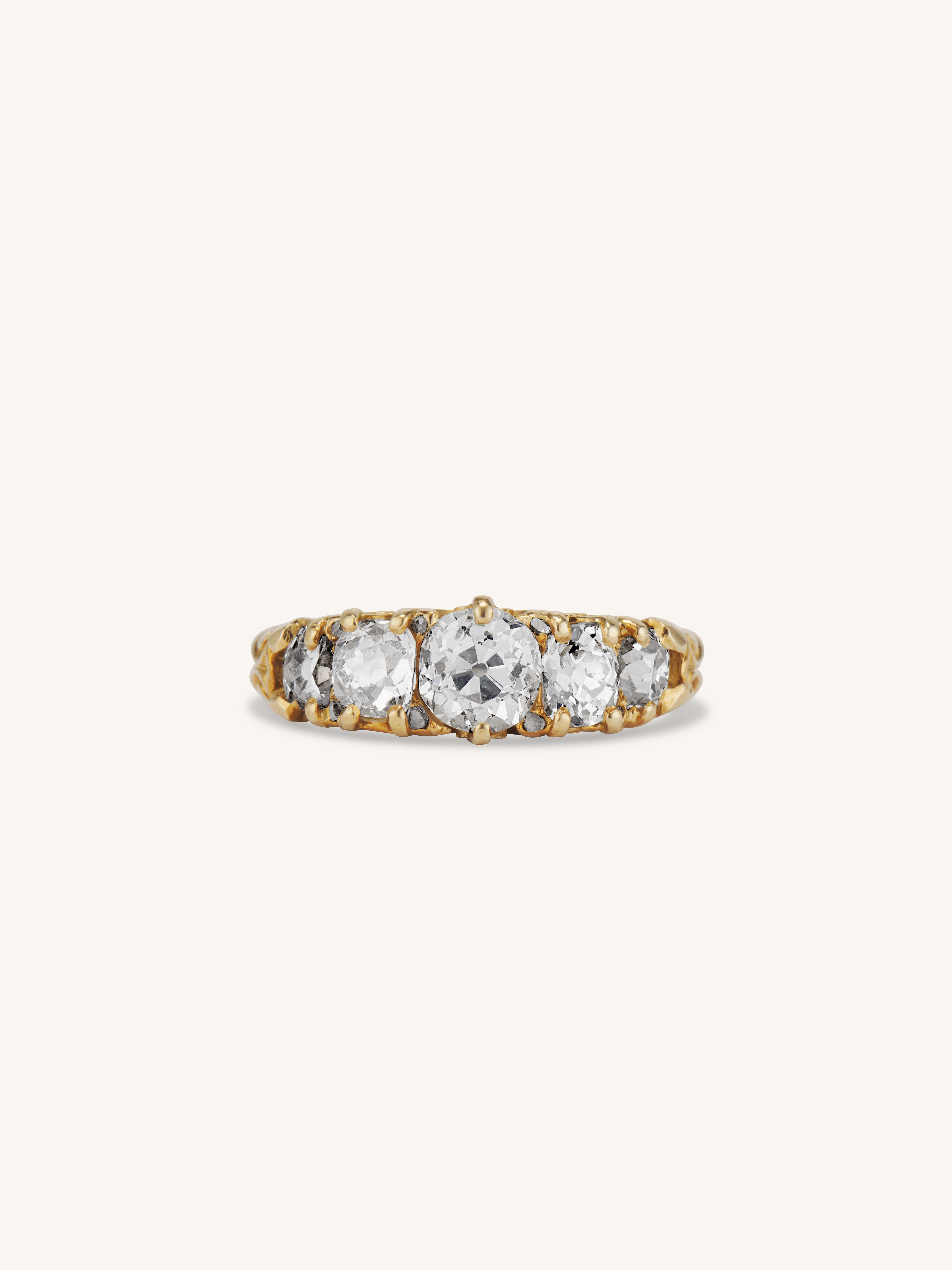 Victorian 2.20 Carat Old Mine Cut Diamond Five Stone Carved Half Hoop ...