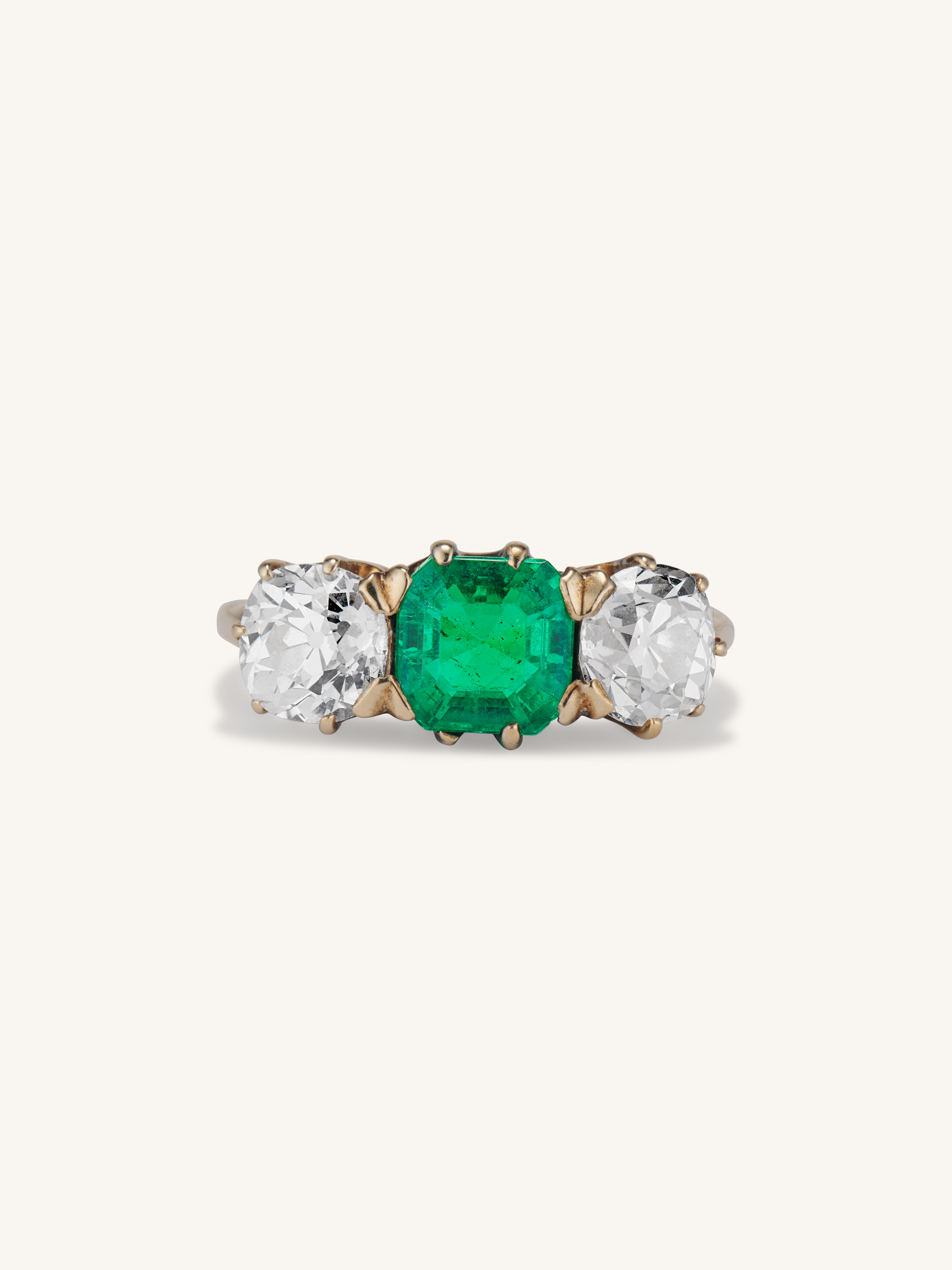 Victorian 2.25 Carat Natural Colombian Emerald Three Stone Antique Eng ...
