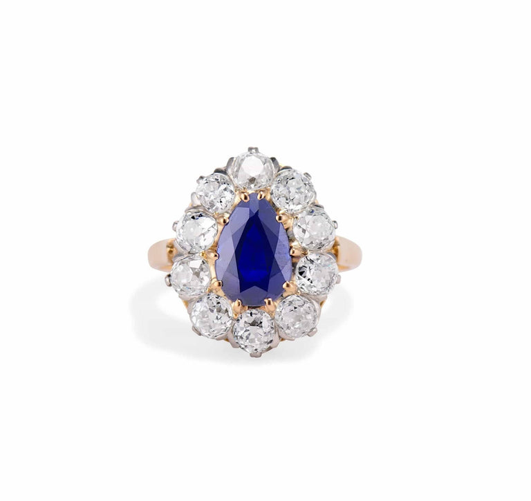 Victorian 3.20 Carat Pear Shaped Sapphire and Diamond Cluster Ring, France