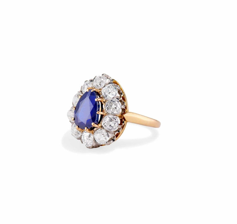 Victorian 3.20 Carat Pear Shaped Sapphire and Diamond Cluster Ring, France