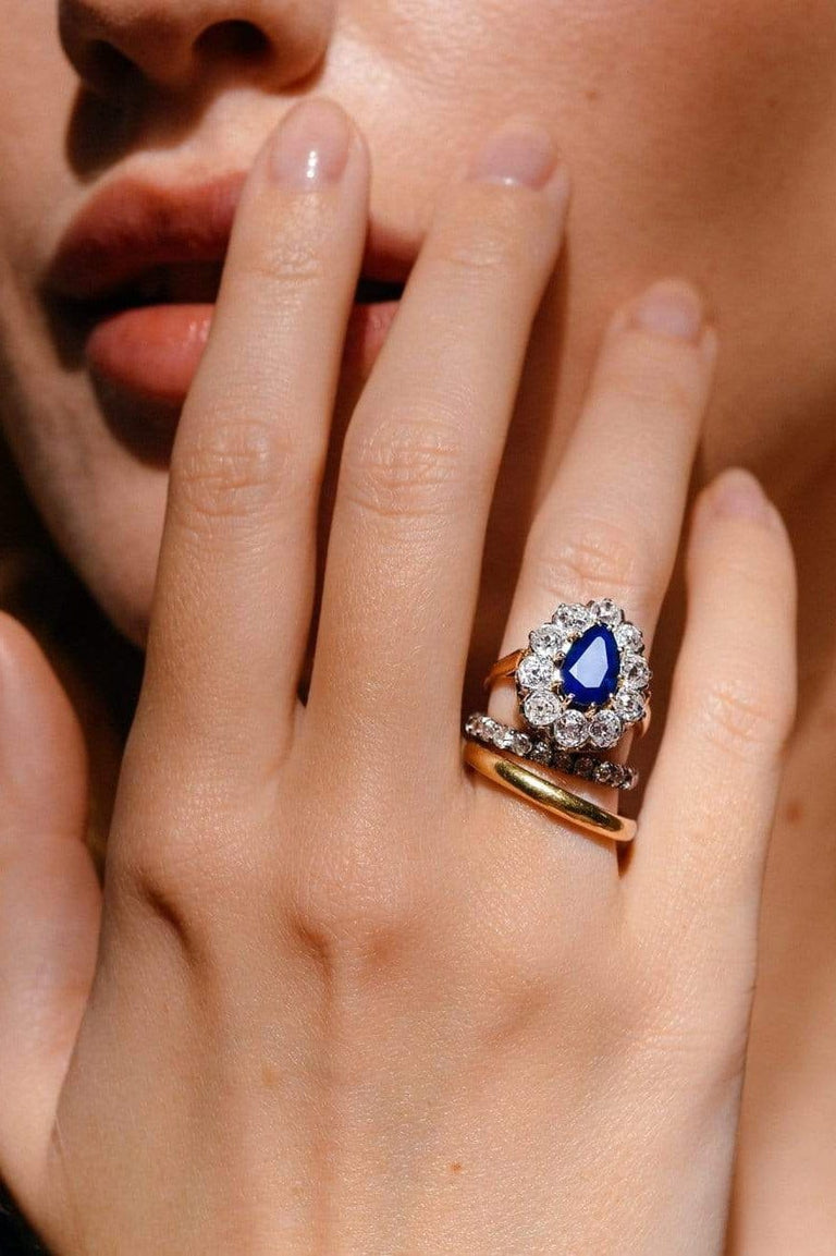 Victorian 3.20 Carat Pear Shaped Sapphire and Diamond Cluster Ring, France