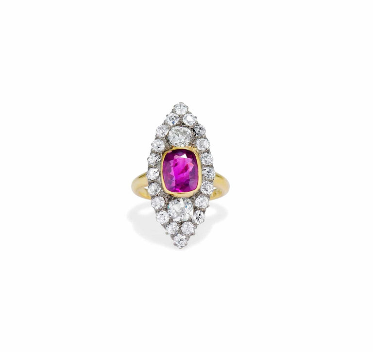 Victorian 3.93 Purplish Pink Elongated Cushion-Cut Sapphire Navette Ring