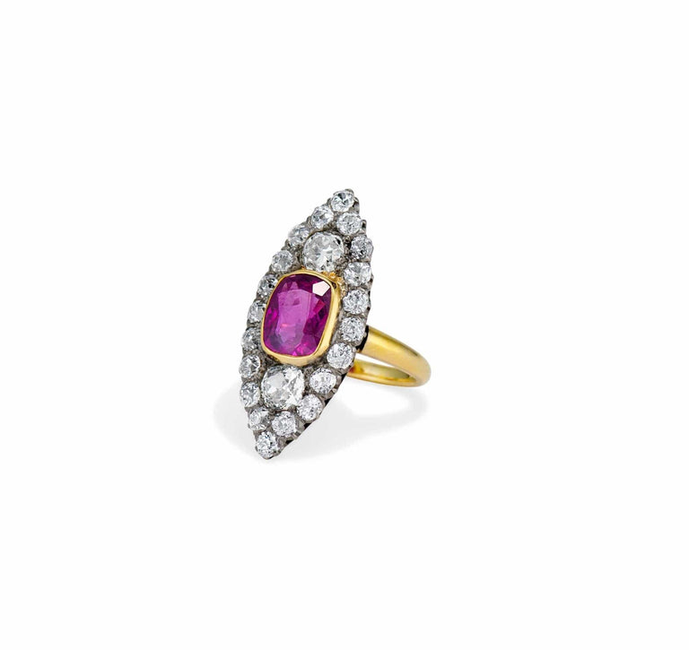 Victorian 3.93 Purplish Pink Elongated Cushion-Cut Sapphire Navette Ring