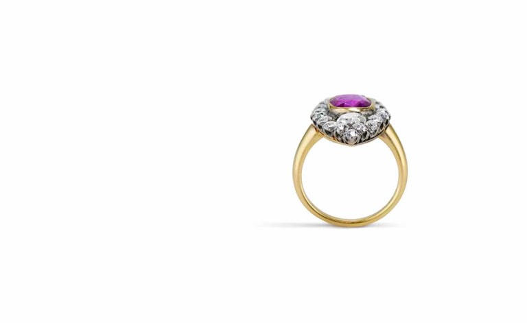 Victorian 3.93 Purplish Pink Elongated Cushion-Cut Sapphire Navette Ring