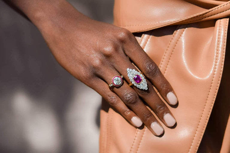 Victorian 3.93 Purplish Pink Elongated Cushion-Cut Sapphire Navette Ring