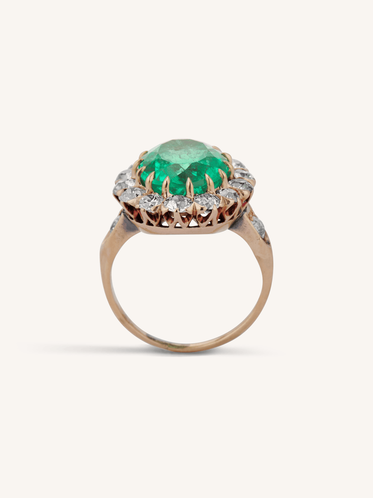 Victorian 4.49 Carat Oval Cut Colombian Emerald & Diamond Cluster Ring