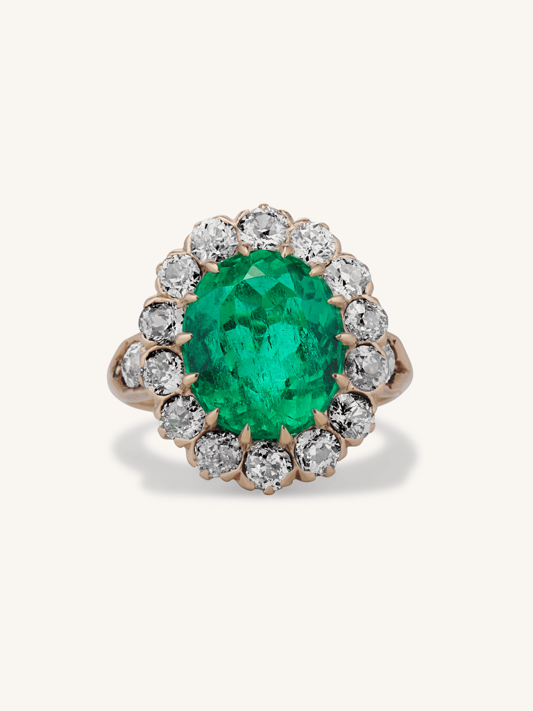 Victorian 4.49 Carat Oval Cut Colombian Emerald & Diamond Cluster Ring