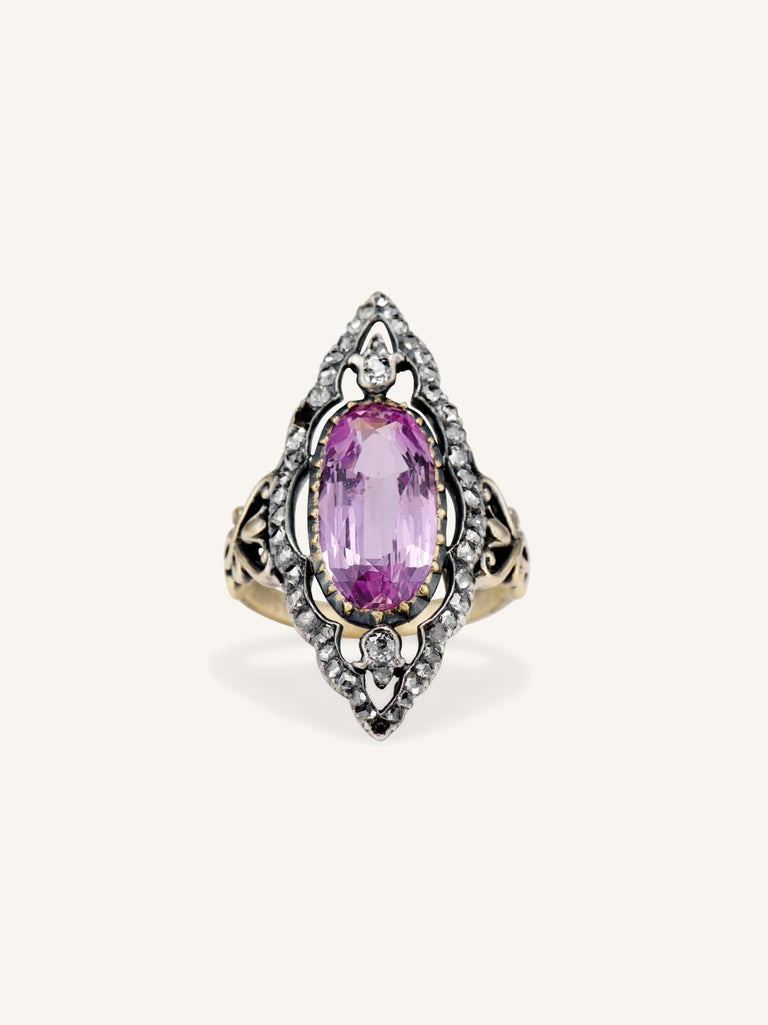 Victorian 5.45 Carat Oval Cut Pink Topaz & Diamond Dinner Ring, France