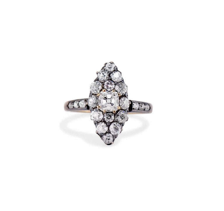 Victorian .50 Old Mine Cut Diamond Cluster Navette Ring