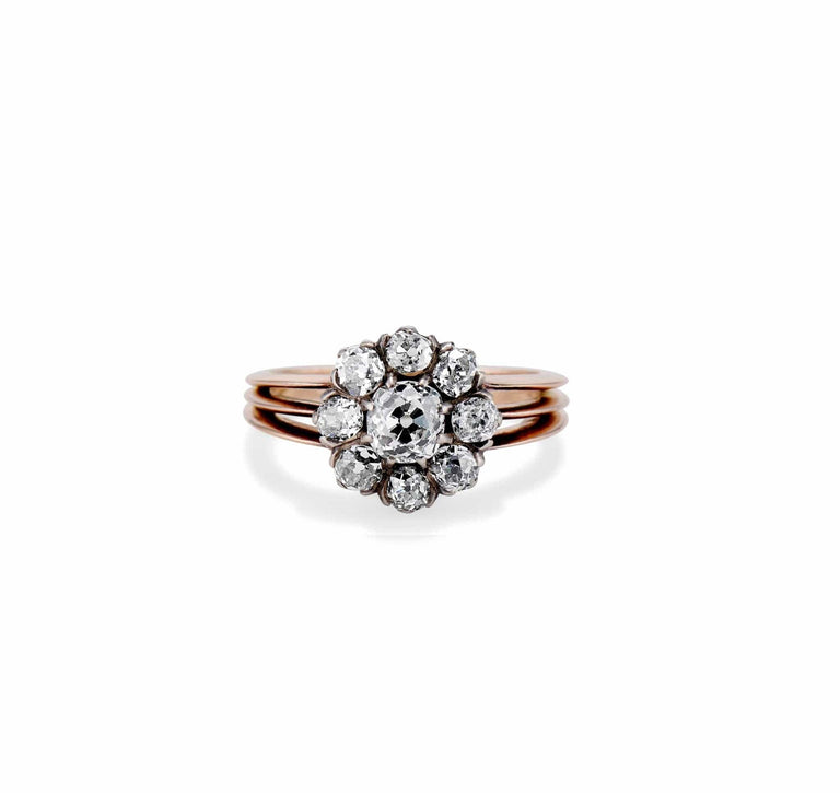Victorian .80 Carat Center Old Mine Cushion-Cut Diamond Cluster Ring