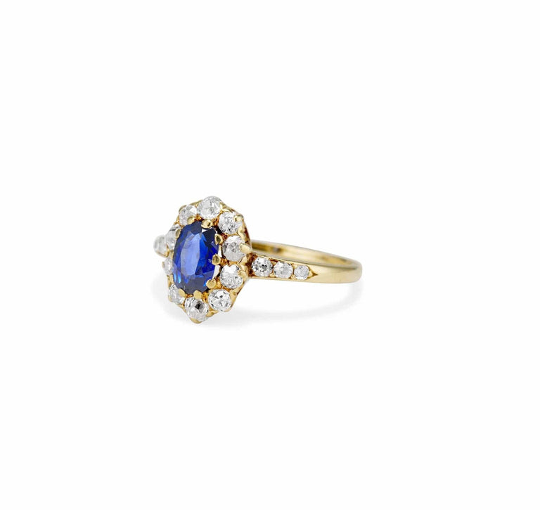 Victorian .86 Carat Sapphire and Diamond Cluster Engagement Ring