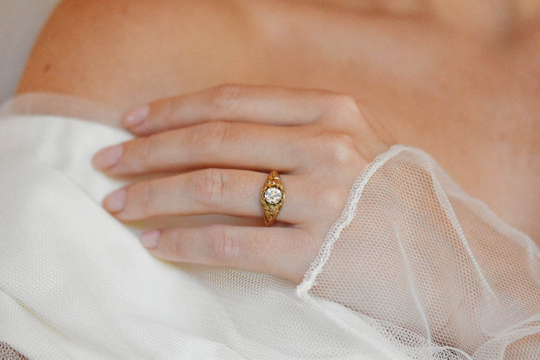 Victorian .90 Carat Engraved Belcher Carved Gold Belcher Antique Engagement Ring