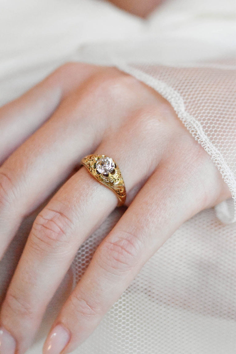 Victorian .90 Carat Engraved Belcher Carved Gold Belcher Antique Engagement Ring