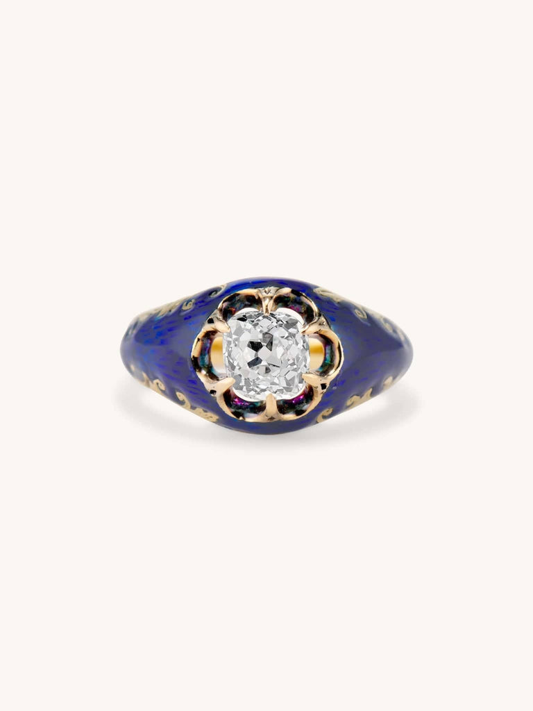 Victorian .97 Carat Old European Cut Diamond & Enamel Belcher Ring