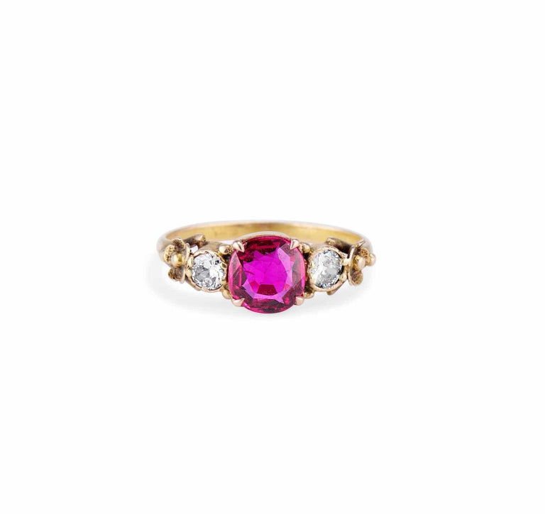 Victorian .98 Carat Cushion Cut Ruby and Diamond Engagement Ring