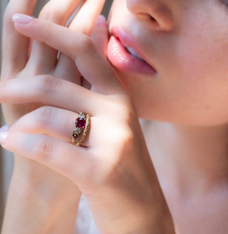 Victorian .98 Carat Cushion Cut Ruby and Diamond Engagement Ring
