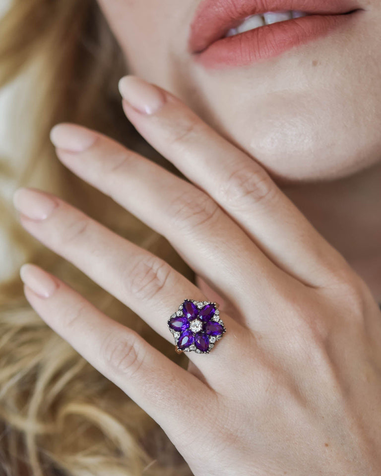 Victorian Amethyst & Diamond Flower Cluster Ring