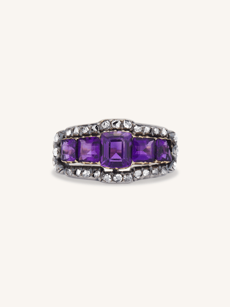 Victorian Amethyst & Rose Cut Diamond Five Stone Ring