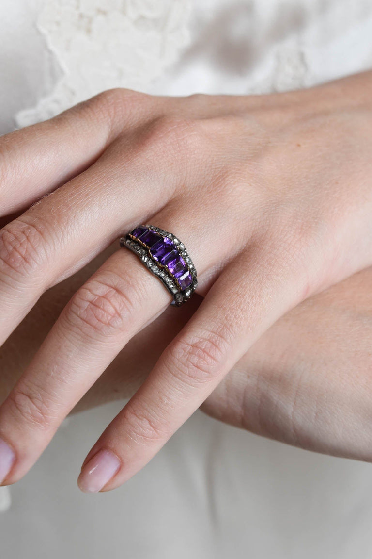 Victorian Amethyst & Rose Cut Diamond Five Stone Antique Ring