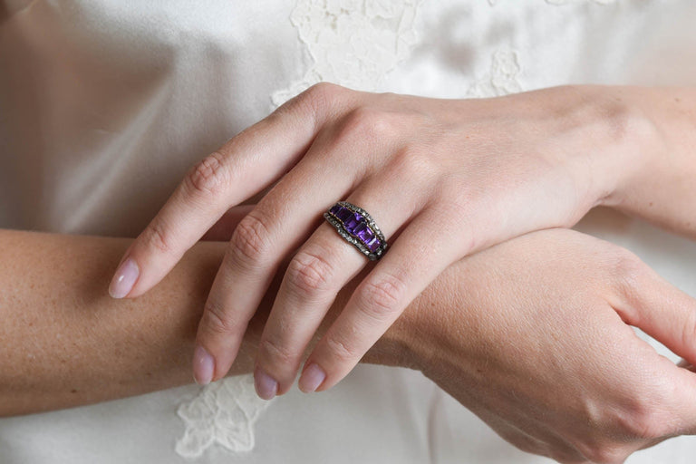 Victorian Amethyst & Rose Cut Diamond Five Stone Antique Ring