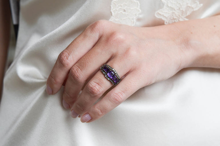Victorian Amethyst & Rose Cut Diamond Five Stone Antique Ring