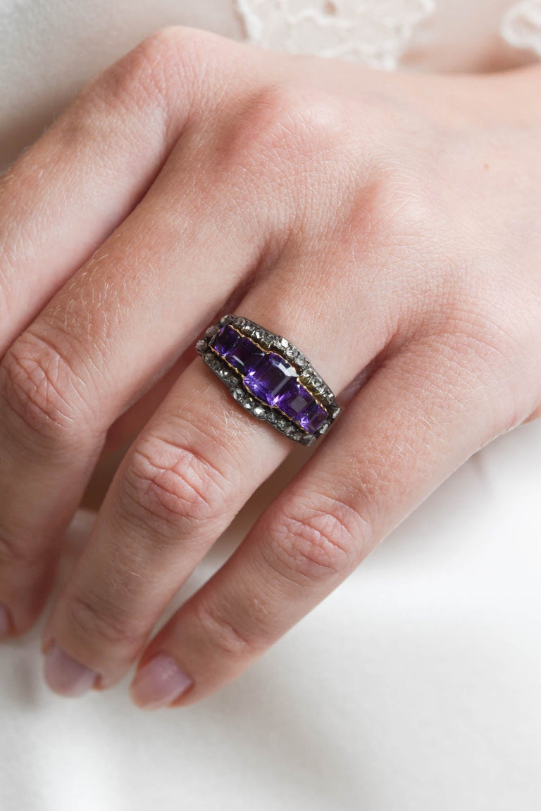 Victorian Amethyst & Rose Cut Diamond Five Stone Antique Ring