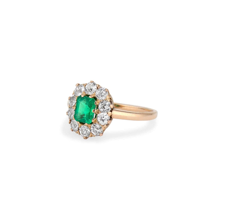 Victorian Antique Emerald and Diamond Cluster Ring