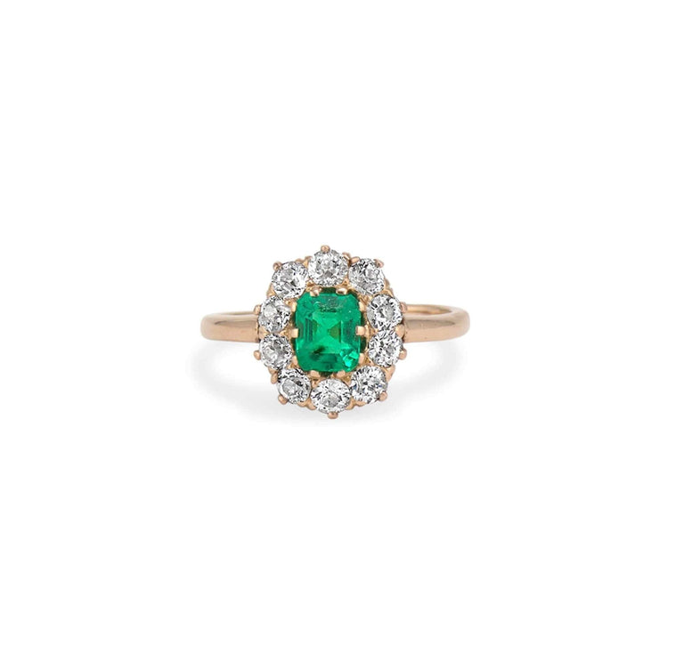 Victorian Antique Emerald and Diamond Cluster Ring