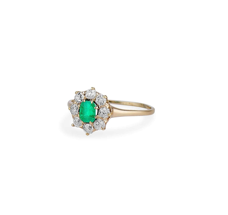 Victorian Antique Emerald and Diamond Cluster Ring