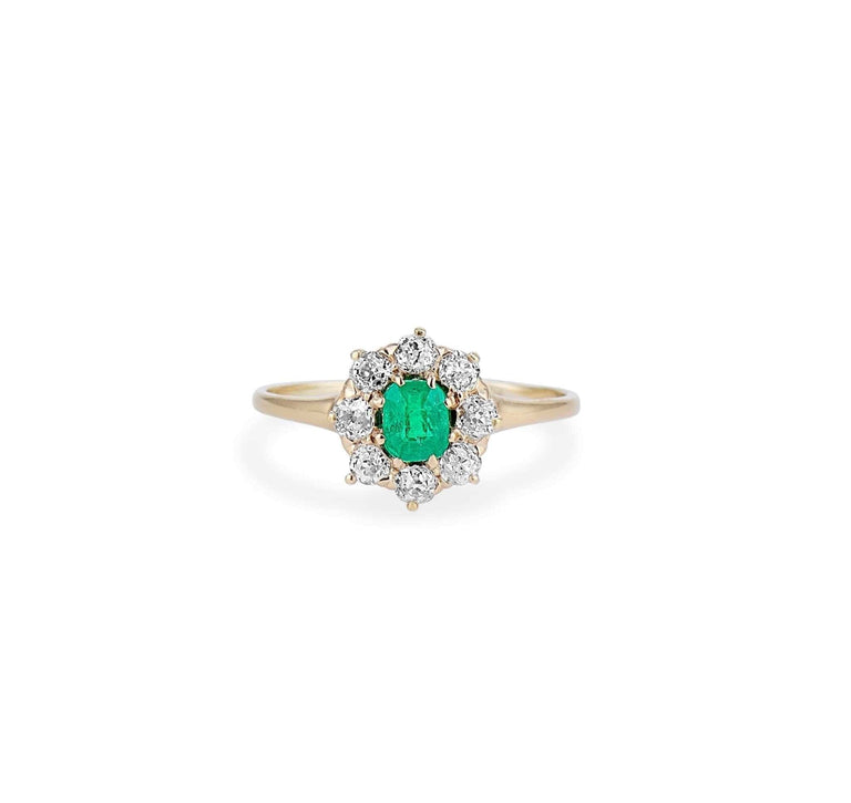 Victorian Antique Emerald and Diamond Cluster Ring