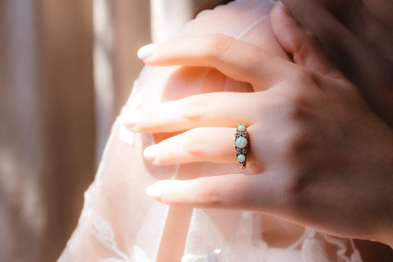 Victorian British Opal and Diamond Carved Half Hoop