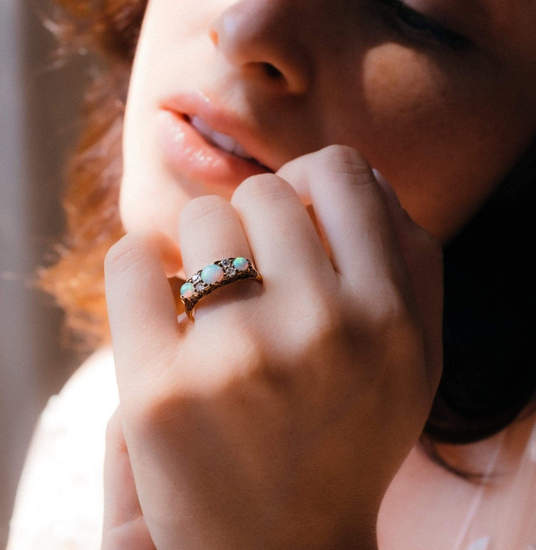 Victorian British Opal and Diamond Carved Half Hoop